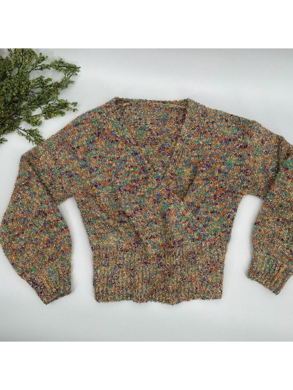 Metallic Gold and Multicolor Knit Sweater Size Medium Fitted Waist